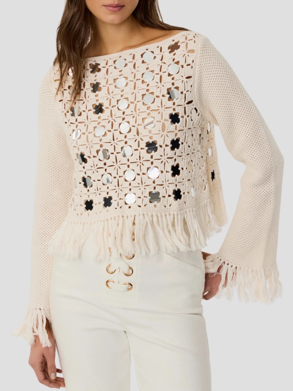 🌞 Toccin Camilla Mirrored Crochet Fringe Sweater Top Cream Off-White Large L